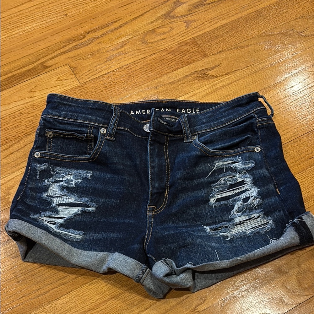 American Eagle Outfitters Dark Blue Distressed Jean Shorts